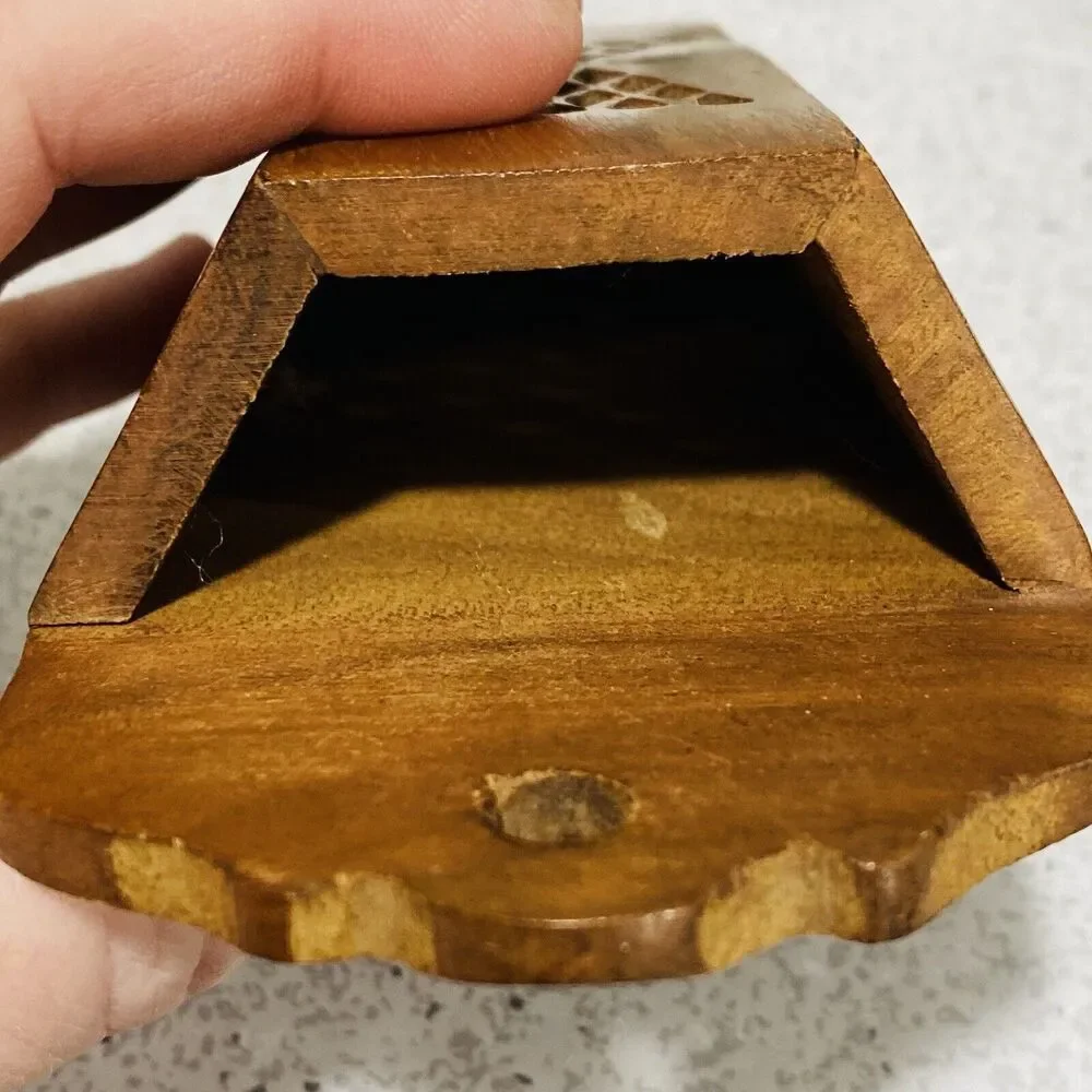 Carved Teak Wood Match Box Incense Wall Pocket Pierced Pattern Brass Studs Inlay